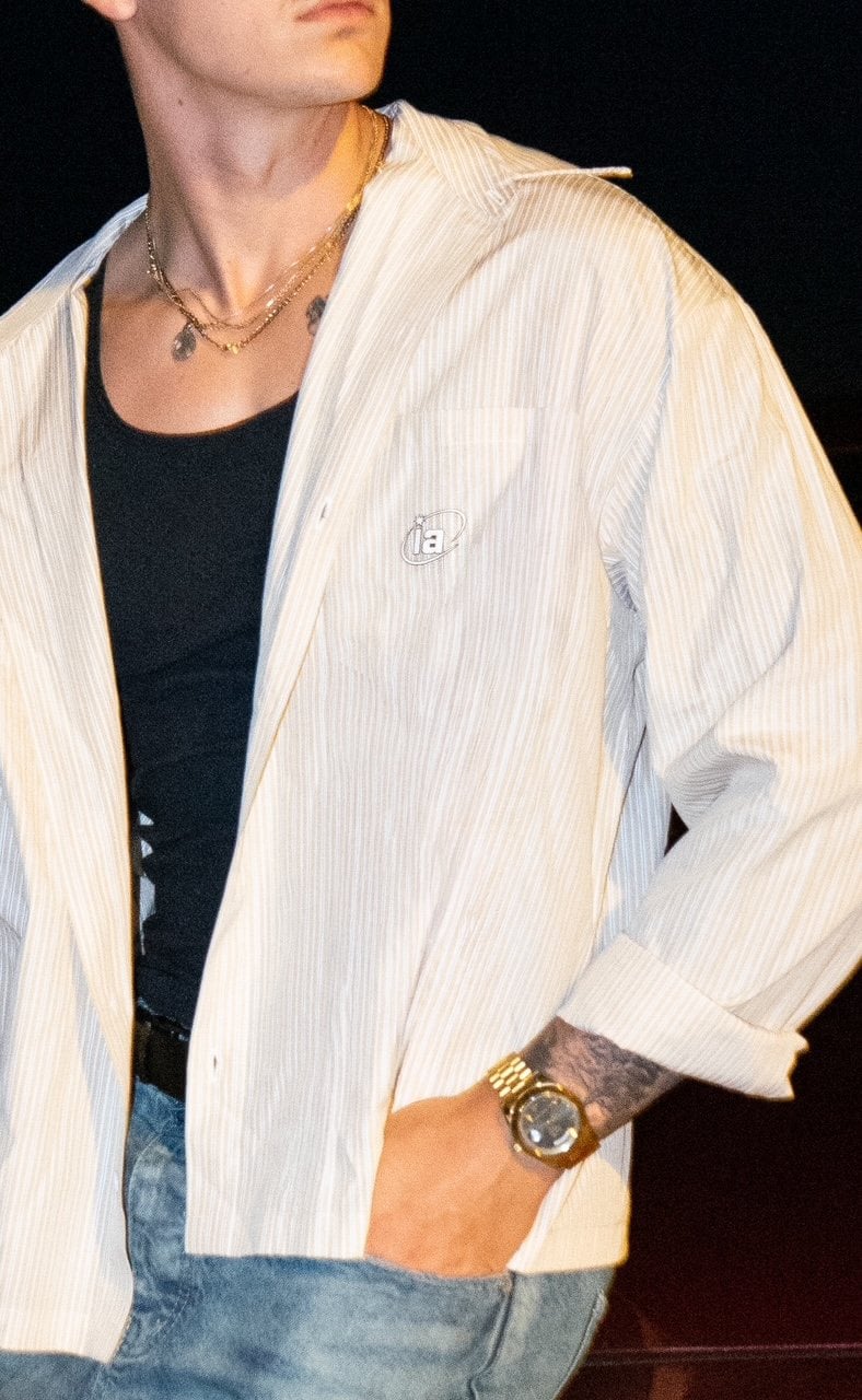 Unisex Boxy Striped Shirt worn open