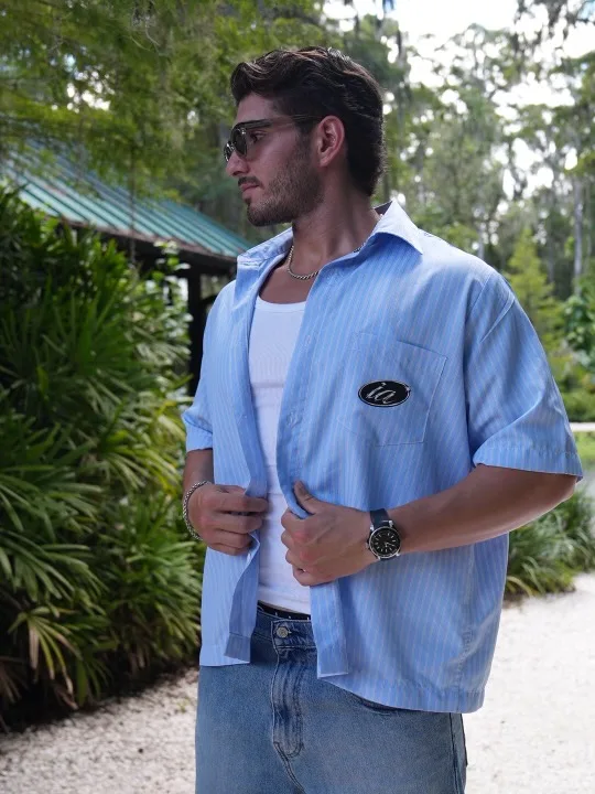 Striped Boxy Short Sleeve Shirt in Powder Blue