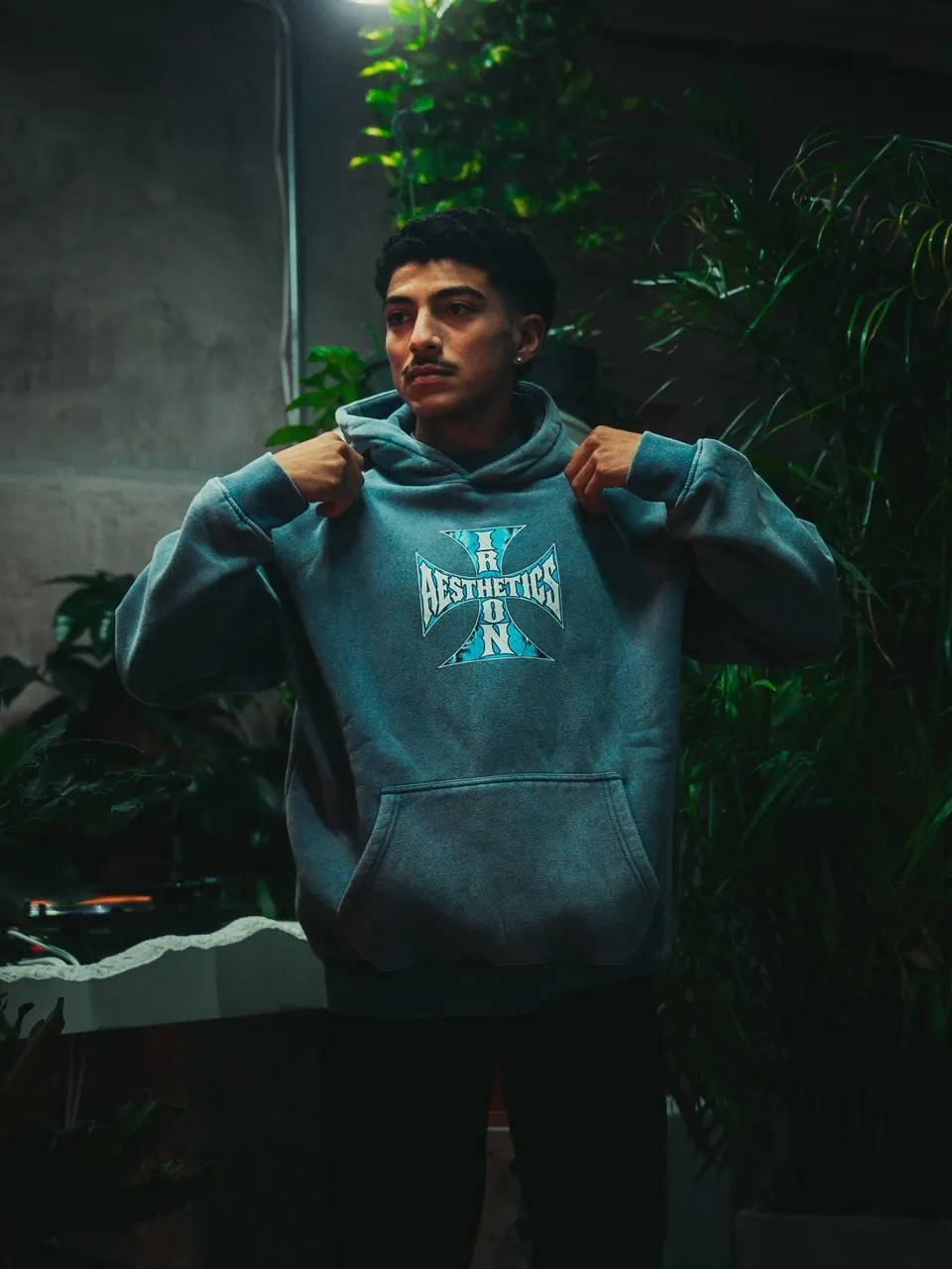 The Blue Cross Hoodie, full length among the plants