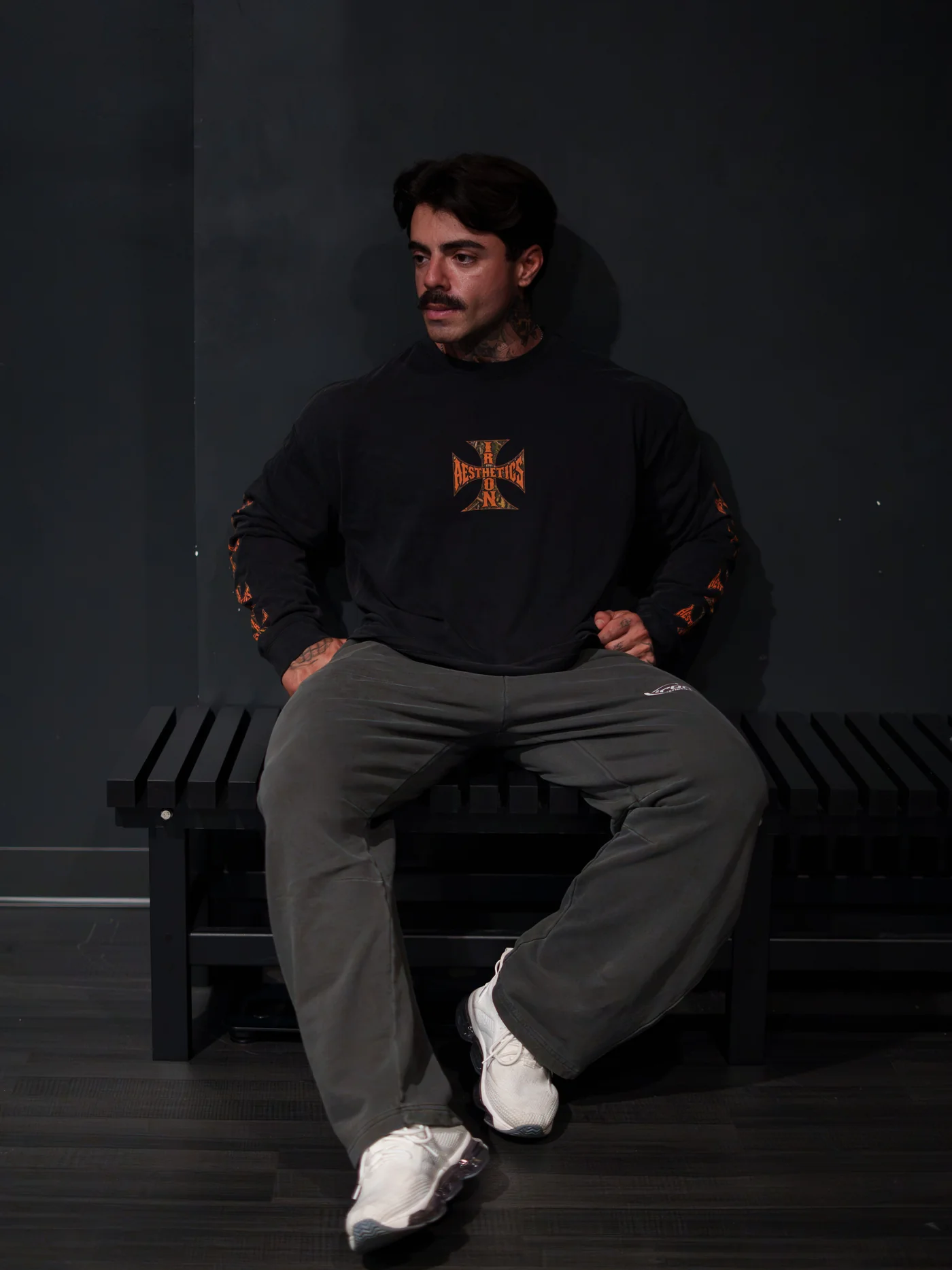 Vintage Washed Long Sleeve, worn on a gym bench