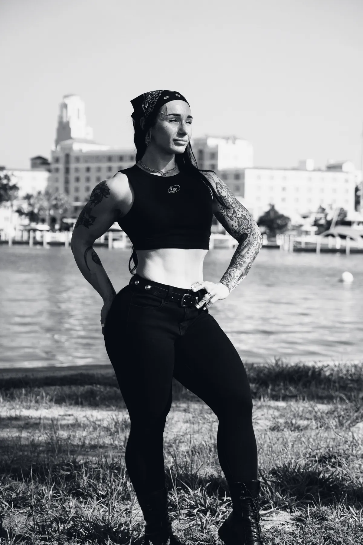 Athlete in the black crop tank on the St. Petersburg waterfront